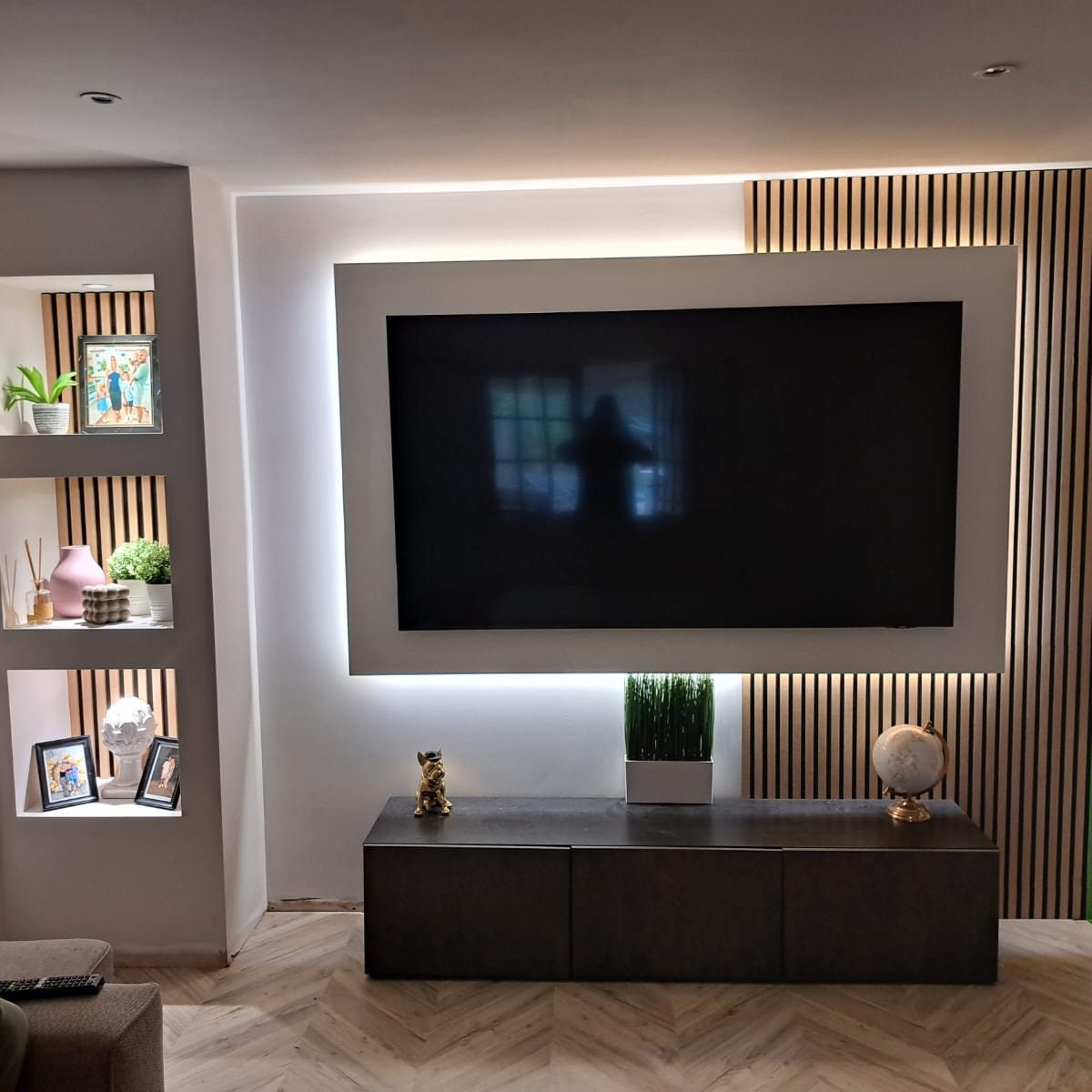 Media wall with hidden LED and wooden panelling